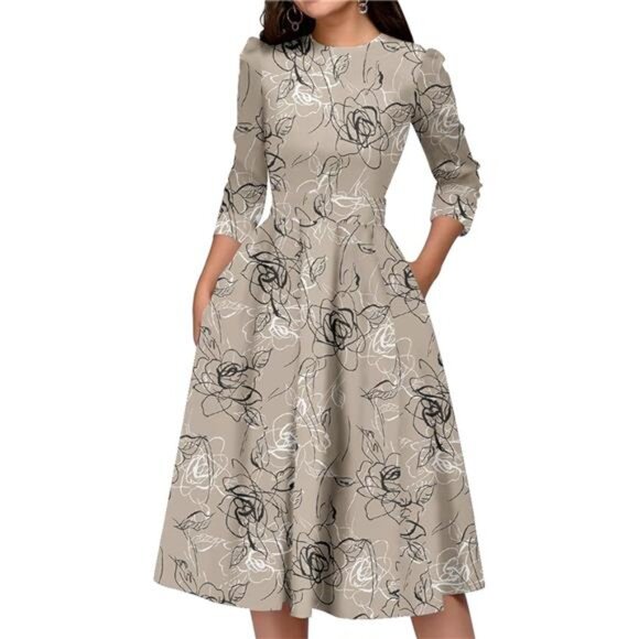 Simple Flavor Women's Floral Vintage Dress Elegant Midi Evening Dress 3/4